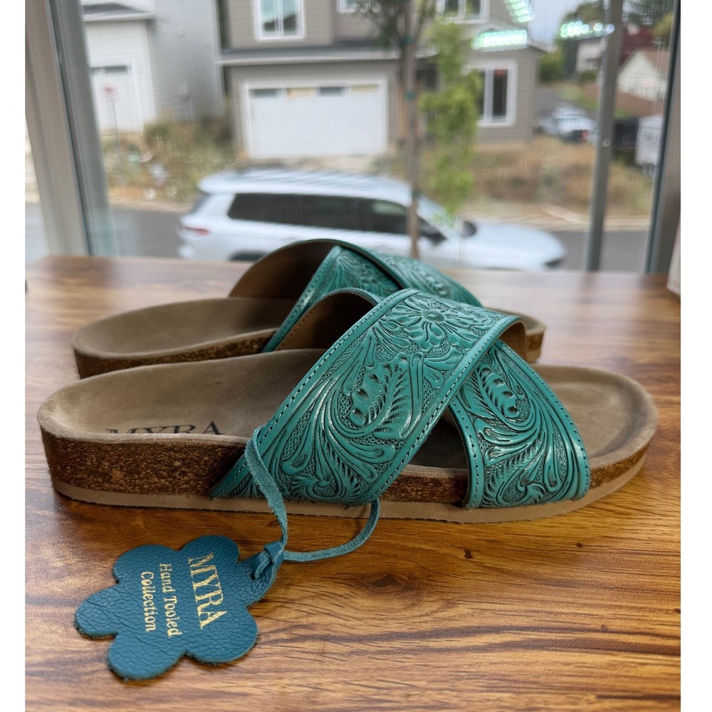 Myra Hand Tooled Turquoise Taylor Creek Leather Crisscross  Sandals Women's 9